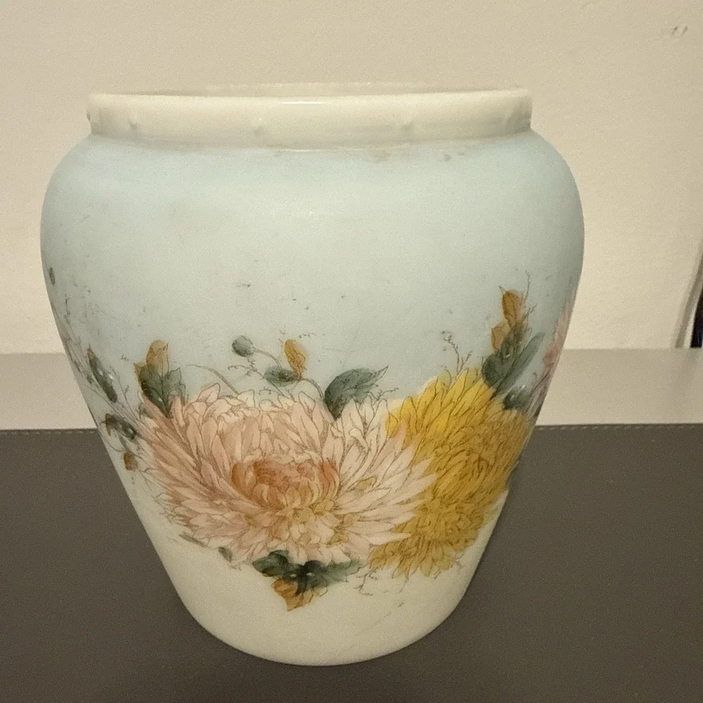Vintage Satin Frosted Blue Glass Vase Hand Painted Floral Chrysanthemum 6.25
